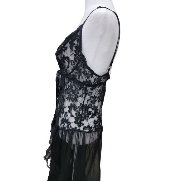 Women's Gorgeous Sheer Black‎ Lace Underwire Corset Teddy with Ruffle Train - Picture 3 of 11
